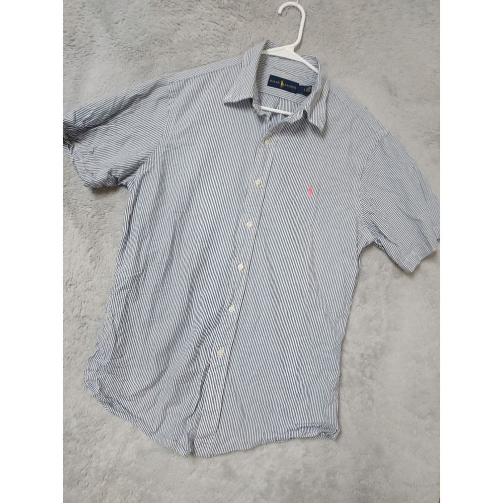 Polo Ralph Lauren Shirt Mens Large Seersucker Oxford Striped Blue Textured Prep